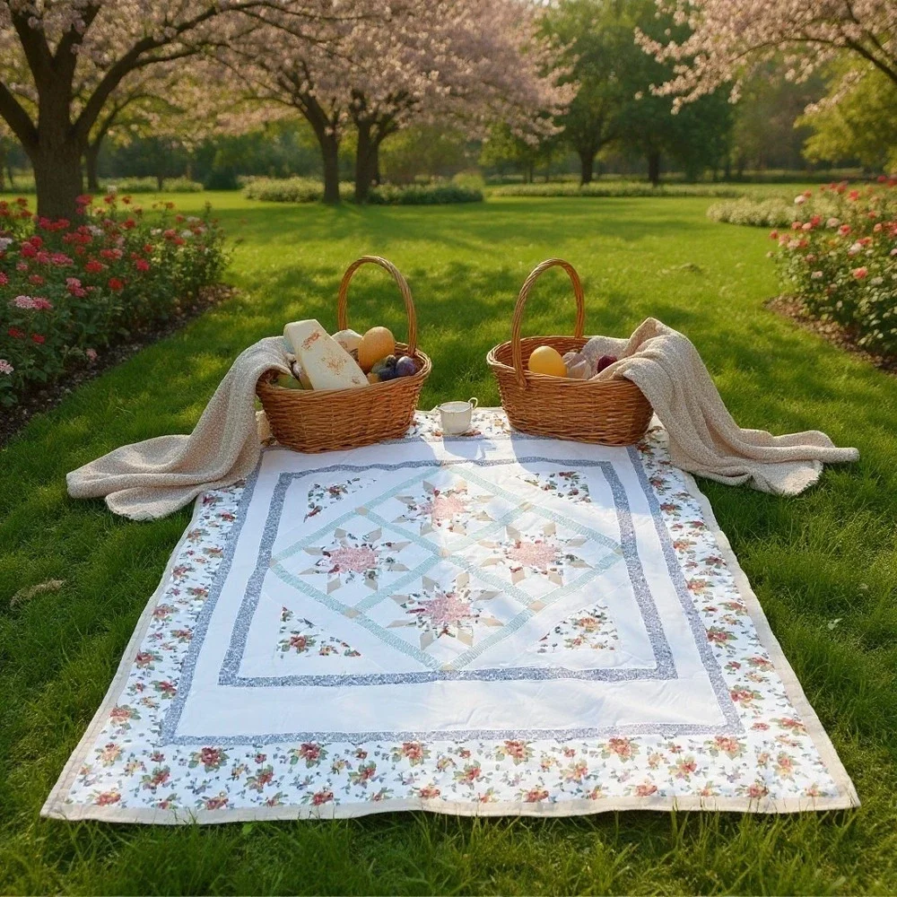 Handmade Patchwork Star Floral Quilt White Pink Green Farmhouse Cottagecore